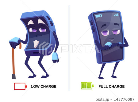 LOW CHARGE and FULL CHARGE smartphone mascot characters with battery icons cartoon vector set 143770097