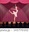 Ballerina dancing on theatre stage with pink curtains spotlights and audience silhouettes cartoon vector background 143770102