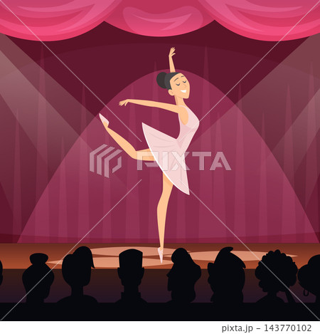 Ballerina dancing on theatre stage with pink curtains spotlights and audience silhouettes cartoon vector background Ballerina dancing on theatre stage with pink curtains spotlights and audience silhouettes cartoon vector background 143770102