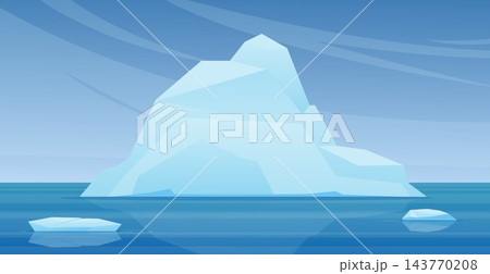 Large iceberg in ocean. Northern waters with floating chunks of ice, global warming, drifting icebergs, panorama of Antarctica. Cold marine environment. Vector cartoon isolated illustration Large iceberg in ocean. Northern waters with floating chunks of ice, global warming, drifting icebergs, panorama of Antarctica. Cold marine environment. Vector cartoon isolated illustration 143770208