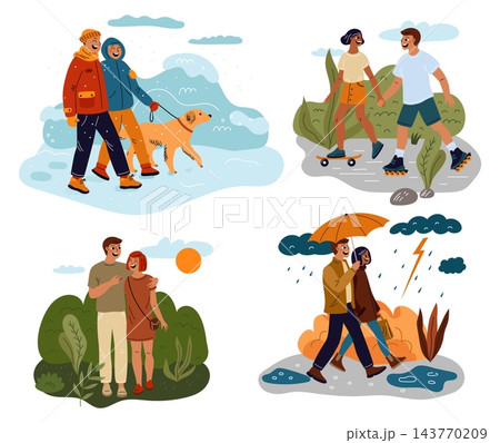 Man and woman in love out for walk. Various weather conditions, romantic walks, couples in love, young family relationships and everyday lifestyle. Vector cartoon isolated illustration Man and woman in love out for walk. Various weather conditions, romantic walks, couples in love, young family relationships and everyday lifestyle. Vector cartoon isolated illustration 143770209