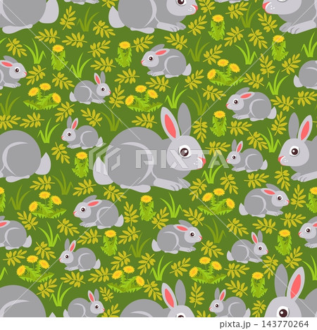 Cute gray rabbits sitting in green grass...のイラスト素材 [143770264] - PIXTA