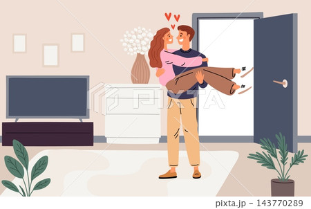 Happy man carrying woman in arms. Couple in love moving into new home. Young people housewarming. Romantic relationship. House interior. Family relocation. Lovers hugging. Vector concept Happy man carrying woman in arms. Couple in love moving into new home. Young people housewarming. Romantic relationship. House interior. Family relocation. Lovers hugging. Vector concept 143770289