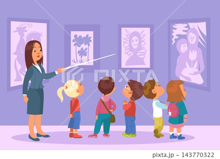 Children exhibition. Tour guide tells children about art history at picture gallery. Young visitors to artistic museum. Masterpieces showing. Kids group creative excursion. Vector concept 143770322
