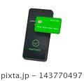 Mobile payment approved. 3d smartphone with green credit card, mobile payment success transaction phone done notification online shopping message realistic vector illustration 143770497