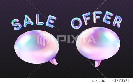 Holographic speech bubble. 3d hologram dialog icon, neon glass chat sale message offer text conversation talk cloud ui popup comment balloon letter realistic vector illustration Holographic speech bubble. 3d hologram dialog icon, neon glass chat sale message offer text conversation talk cloud ui popup comment balloon letter realistic vector illustration 143770521