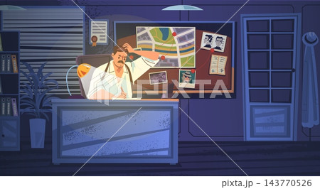 Detective night office work. Private investigator paperwork desk in dark cabinet room lamp light, investigate board spy secret interior cartoon police inspector vector illustration Detective night office work. Private investigator paperwork desk in dark cabinet room lamp light, investigate board spy secret interior cartoon police inspector vector illustration 143770526