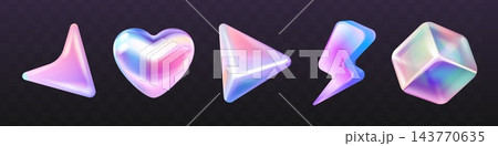 3d holographic figures. Realistic hologram abstract shape, purple chrome star arrow cube heart lightning figure neon gradient effect decoration geometric shapes vector illustration 3d holographic figures. Realistic hologram abstract shape, purple chrome star arrow cube heart lightning figure neon gradient effect decoration geometric shapes vector illustration 143770635