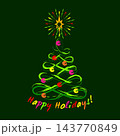 Holiday simple composition with outline lacy Christmas tree, shining star, brush strokes, colorful text. Grunge graffiti like style. Vivid neon colors. 143770849