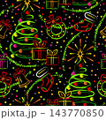 Seamless pattern with Christmas tree, garlands, holiday symbols, decorations, scattered stars. Outline illustrations stylized in grunge style. Neon fluorescent colors on black. 143770850