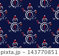 Seamless pattern with celebrating Snowman character holding candy cane, bauble. Outline icons in grunge style. Geometric alternating arrangement High contrast design for Christmas, New Year holiday 143770851