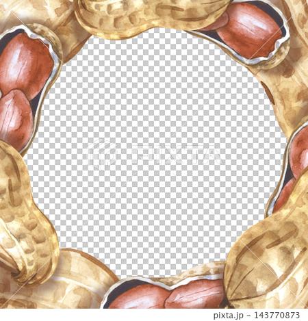 Watercolor square peanut frame on an isolated background. A frame with whole and chipped nuts with an empty place to insert 143770873