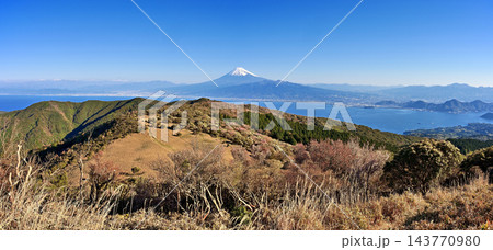 伊豆半島の伊豆山稜線歩道　金冠山山頂から望む富士山のパノラマ 143770980