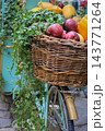 Autumn Harvest Still Life with Pumpkins and Apples. Farmer's market stand with fresh vegetables and fruits. Apples and pumpkin in bicycle basket. Healthy food background. October harvest. Fall harvest 143771264