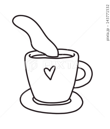 Cute doodle coffee mug with spoon and heart symbol in simple hand drawn outline style isolated on background. Cozy beverage illustration perfect for cafe branding, breakfast themes, kitchen decor 143771532