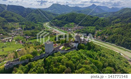 Aerial View Celje Castle Medieval Fortress Hilltop Slovenia Aerial View Celje Castle Medieval Fortress Hilltop Slovenia 143771548