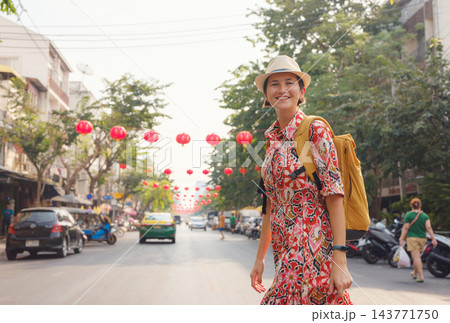 Female Tourist Walking Chinese New Year Bangkok Streets Female Tourist Walking Chinese New Year Bangkok Streets 143771750