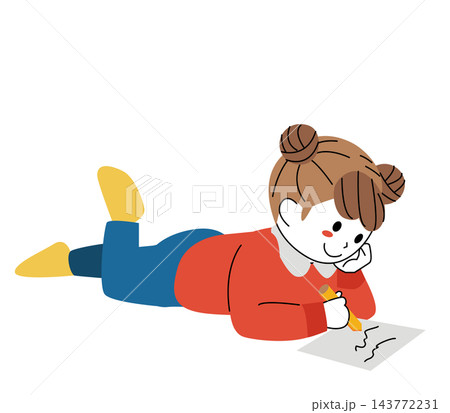 寝転んで手紙を書く笑顔の子供・ フラットなベクターイラスト 寝転んで手紙を書く笑顔の子供・ フラットなベクターイラスト 143772231