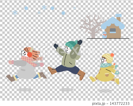一幅描繪三個孩子在雪地裡快樂奔跑的平面插畫。 143772233