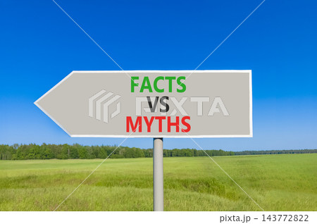 Facts vs versus myths words symbol. Concept words Facts vs Myths on beautiful grey road sign. Beautiful blue sky green grass background. Business and facts vs versus myths concept. Copy space. 143772822
