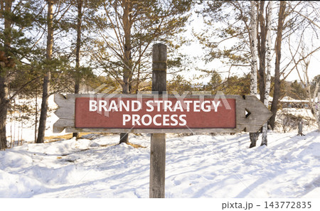 Brand strategy process words symbol. Concept words Brand strategy process on beautiful road sign. Beautiful winter forest background. Business and brand strategy process concept. Copy space. 143772835