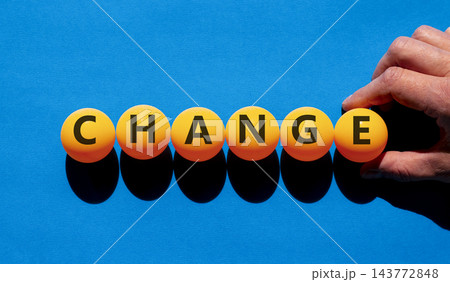 Change symbol. Concept word Change on beautiful orange table tennis ping pong balls. Beautiful blue background. Businessman's hand. Business change concept. Copy space. Change symbol. Concept word Change on beautiful orange table tennis ping pong balls. Beautiful blue background. Businessman's hand. Business change concept. Copy space. 143772848