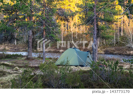 Green camping tent beside river in northern forest during spring evening in Finnish Lapland Green camping tent beside river in northern forest during spring evening in Finnish Lapland 143773170