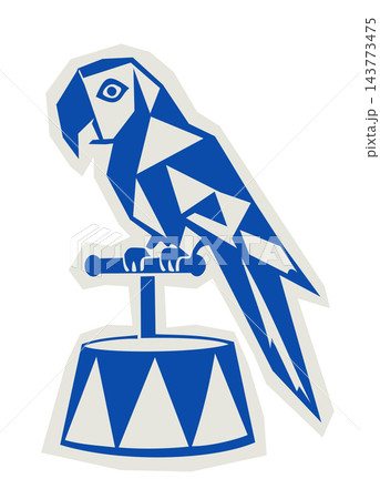 Retro circus parrot vector illustration. Trained macaw or exotic parrot bird on a pedestal perch. Vintage carnival character icon with decorative border isolated on white background Retro circus parrot vector illustration. Trained macaw or exotic parrot bird on a pedestal perch. Vintage carnival character icon with decorative border isolated on white background 143773475