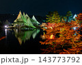 水面に映る兼六園の雪吊りと紅葉の夜景 143773792