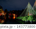 夜の兼六園にそびえる雪吊りのライトアップ 143773800