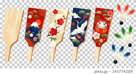 お正月の羽子板と羽根の水彩風イラストセット(正月遊び、富士山、鶴、だるま、梅、素材) お正月の羽子板と羽根の水彩風イラストセット(正月遊び、富士山、鶴、だるま、梅、素材) 143774289