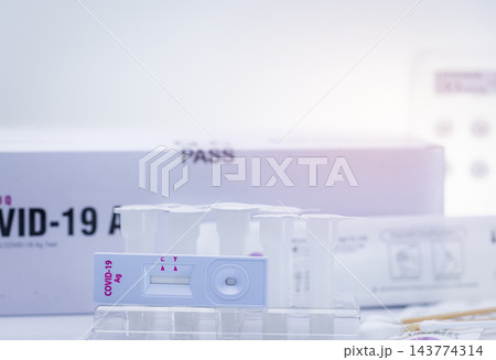 Covid 19 antigen self test for nasal swab. Antigen test kit for home use to detection coronavirus infection. Rapid antigen test. Corona virus diagnosis. Medical device for covid-19 antigen test. Covid 19 antigen self test for nasal swab. Antigen test kit for home use to detection coronavirus infection. Rapid antigen test. Corona virus diagnosis. Medical device for covid-19 antigen test. 143774314