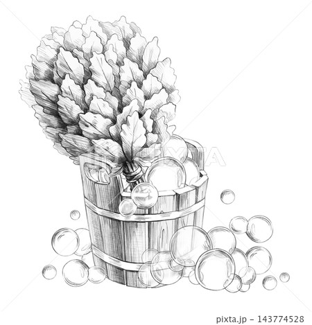 A bath broom and a wooden bucket with soap bubbles. A pencil-style illustration designed for websites related to bathhouses and saunas, spas, natural cosmetics shops, and bath accessories. A bath broom and a wooden bucket with soap bubbles. A pencil-style illustration designed for websites related to bathhouses and saunas, spas, natural cosmetics shops, and bath accessories. 143774528