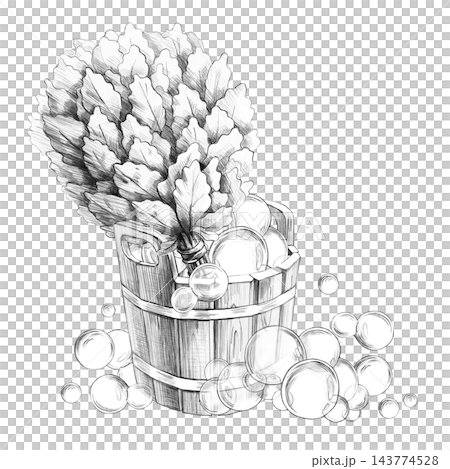 A bath broom and a wooden bucket with soap bubbles. A pencil-style illustration designed for websites related to bathhouses and saunas, spas, natural cosmetics shops, and bath accessories. 143774528