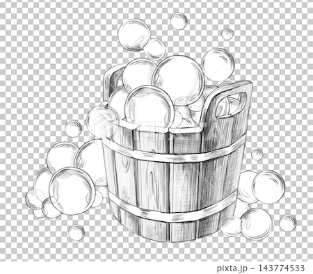 Soap bubbles in a wooden bucket, rendered as a pencil illustration. Suitable for the design of websites related to bathhouses, saunas, spa treatments, wellness, and relaxation. Soap bubbles in a wooden bucket, rendered as a pencil illustration. Suitable for the design of websites related to bathhouses, saunas, spa treatments, wellness, and relaxation. 143774533