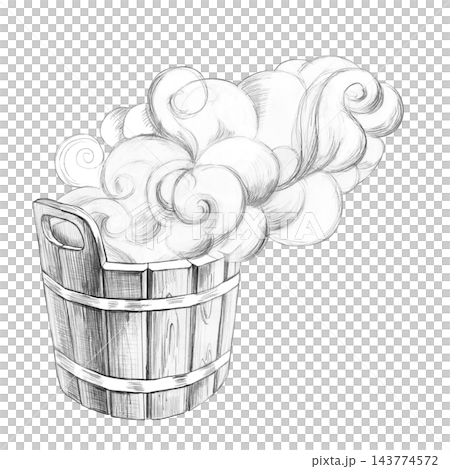 Steam rising from a wooden bucket, depicted in a pencil-style illustration. Suitable for the design of websites related to bathhouses, saunas, spa treatments, wellness, and relaxation. Steam rising from a wooden bucket, depicted in a pencil-style illustration. Suitable for the design of websites related to bathhouses, saunas, spa treatments, wellness, and relaxation. 143774572