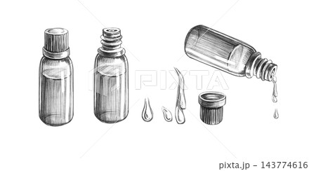 Pencil sketches of essential oil bottles and droplets. An illustration for pharmacies, beauty salons, spas, manufacturers of cosmetics and perfumes, medical laboratories, environmental organizations. Pencil sketches of essential oil bottles and droplets. An illustration for pharmacies, beauty salons, spas, manufacturers of cosmetics and perfumes, medical laboratories, environmental organizations. 143774616
