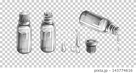 Pencil sketches of essential oil bottles and droplets. An illustration for pharmacies, beauty salons, spas, manufacturers of cosmetics and perfumes, medical laboratories, environmental organizations. Pencil sketches of essential oil bottles and droplets. An illustration for pharmacies, beauty salons, spas, manufacturers of cosmetics and perfumes, medical laboratories, environmental organizations. 143774616