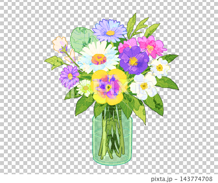 A watercolor illustration of a colorful bouquet in a glass bottle. A watercolor illustration of a colorful bouquet in a glass bottle. 143774708