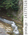 A dynamic natural scene featuring a flowing stream over moss-covered rocks, cascading down a rocky slope towards a textured cliff edge 143775328