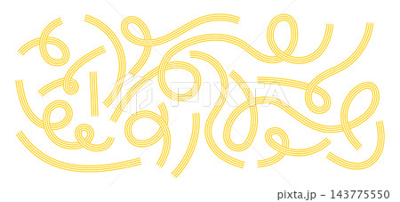 Set of yellow striped curvy lines isolated on white background. Pasta, ramen, spaghetti or noodle design elements for Japanese, Chinese or Italian cuisine poster or menu. Vector flat illustration 143775550