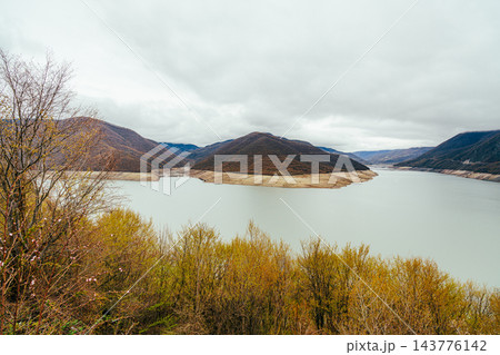 Zhinvali Reservoir framed by budding spring trees with misty mountains and low clouds, Georgia 143776142