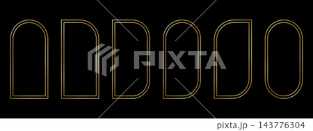 Set of concentric double golden arch and rectangular frames. Luxury gold borders for wedding invitations or greeting cards, event or party banners isolated on black background. Vector illustration Set of concentric double golden arch and rectangular frames. Luxury gold borders for wedding invitations or greeting cards, event or party banners isolated on black background. Vector illustration 143776304