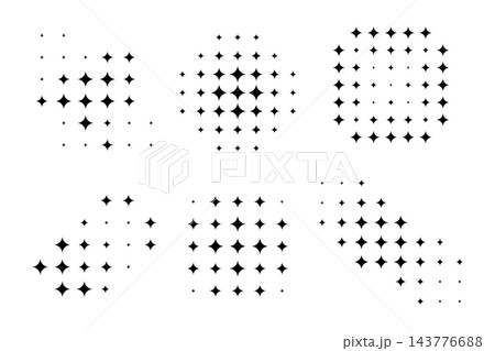 Set of star patterns with dotted halftone effect isolated on white background. Collection of different shapes with faded twinkles print. Abstract starry design elements. Vector graphic illustration 143776688