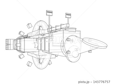 Wireframe spacecraft with docking modules. Vector 143776757