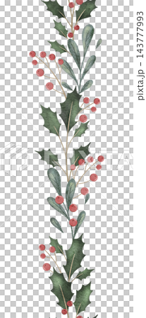 Seamless border with simple botanical elements. Watercolor Twig of conifers evergreen tree, ilex, red berries. Hand drawn frame background. Template for greeting card, Christmas invitation, textile Seamless border with simple botanical elements. Watercolor Twig of conifers evergreen tree, ilex, red berries. Hand drawn frame background. Template for greeting card, Christmas invitation, textile 143777993