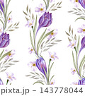 Watercolor vertical seamless pattern with purple crocuses, white flowers and green leaves on an isolated background 143778044