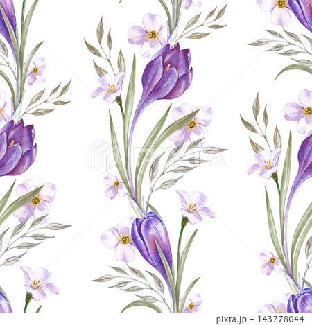 Watercolor vertical seamless pattern with purple crocuses, white flowers and green leaves on an isolated background 143778044
