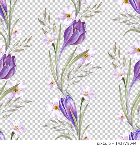 Watercolor vertical seamless pattern with purple crocuses, white flowers and green leaves on an isolated background 143778044