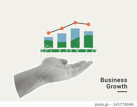 Business growth and financial success concepts. Halftone hand holding rising bar chart with trend line graph and profit indicator. 143778046